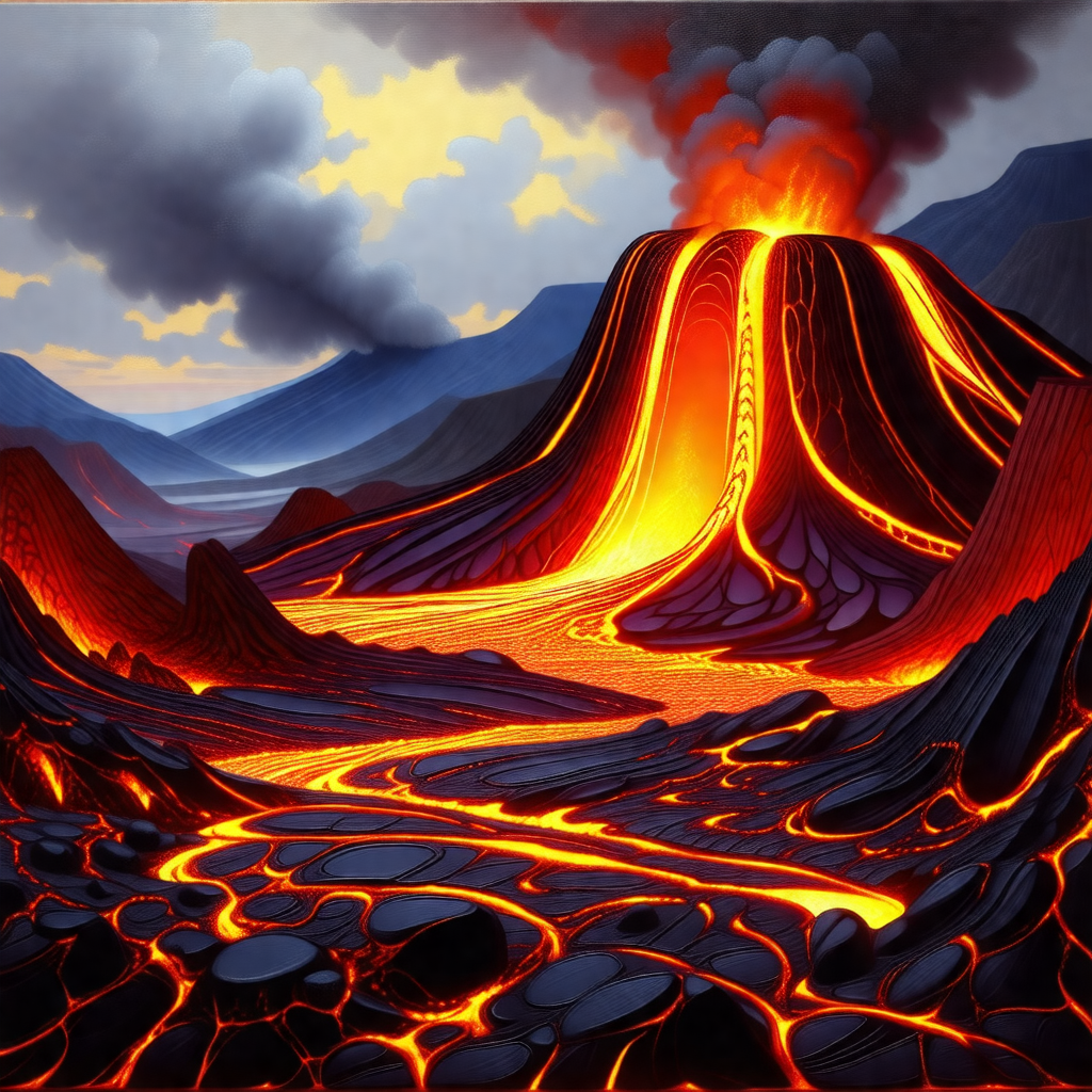 Volcano with a fiery red lava flow, creating a dramatic s...