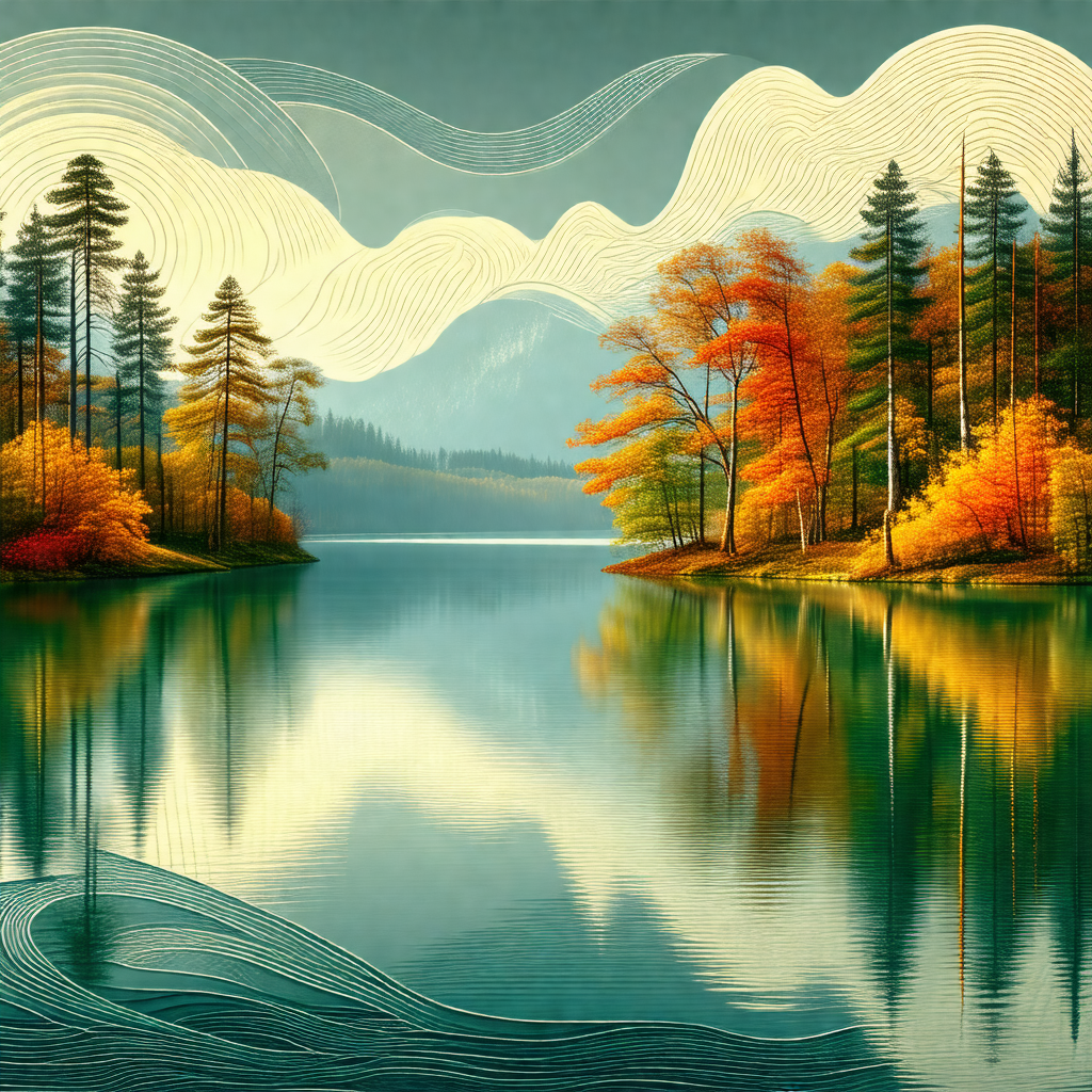 Serene lake surrounded by trees, with a mountainous lands...