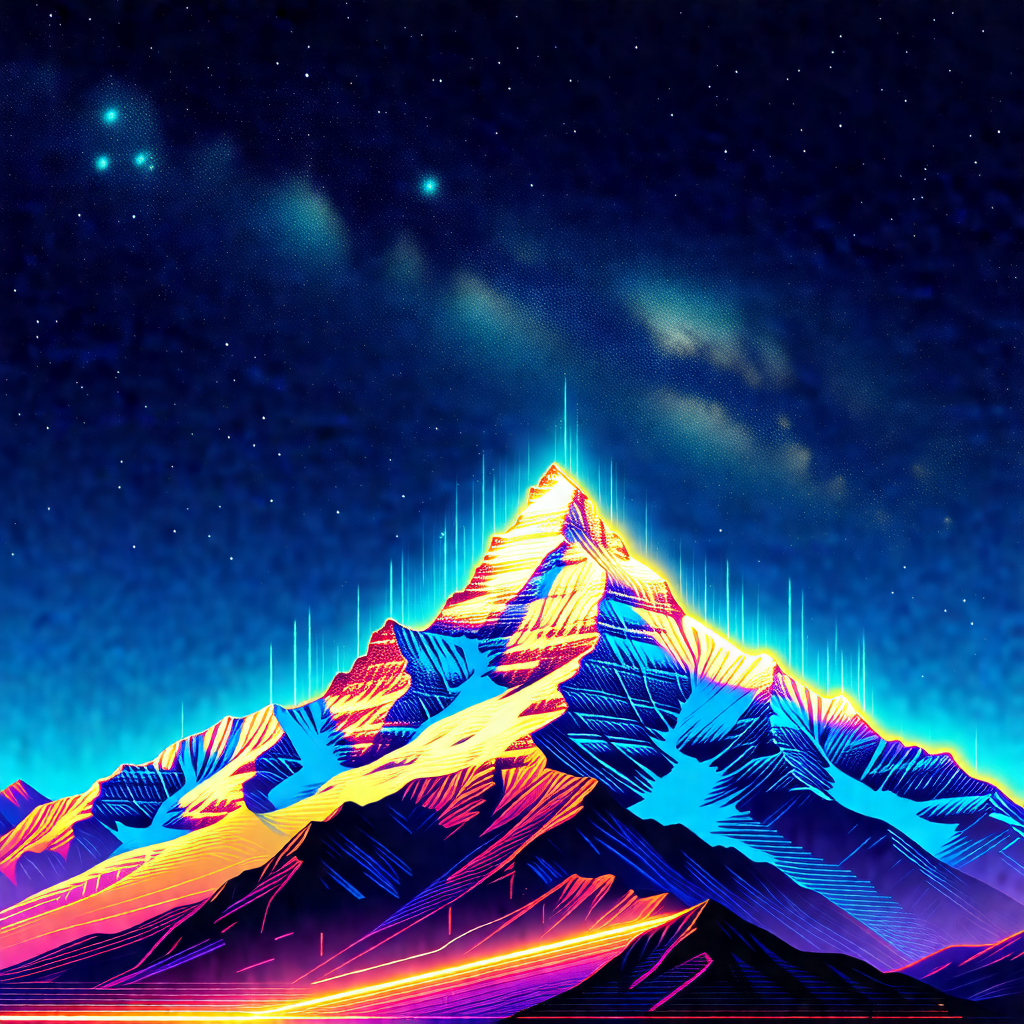 Large, colorful mountain with a bright blue sky above it