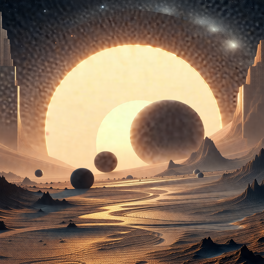 Futuristic landscape with a large, round sun in the center