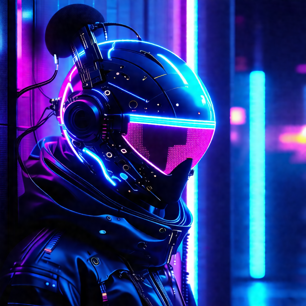 Person wearing a futuristic, high-tech helmet and a black...