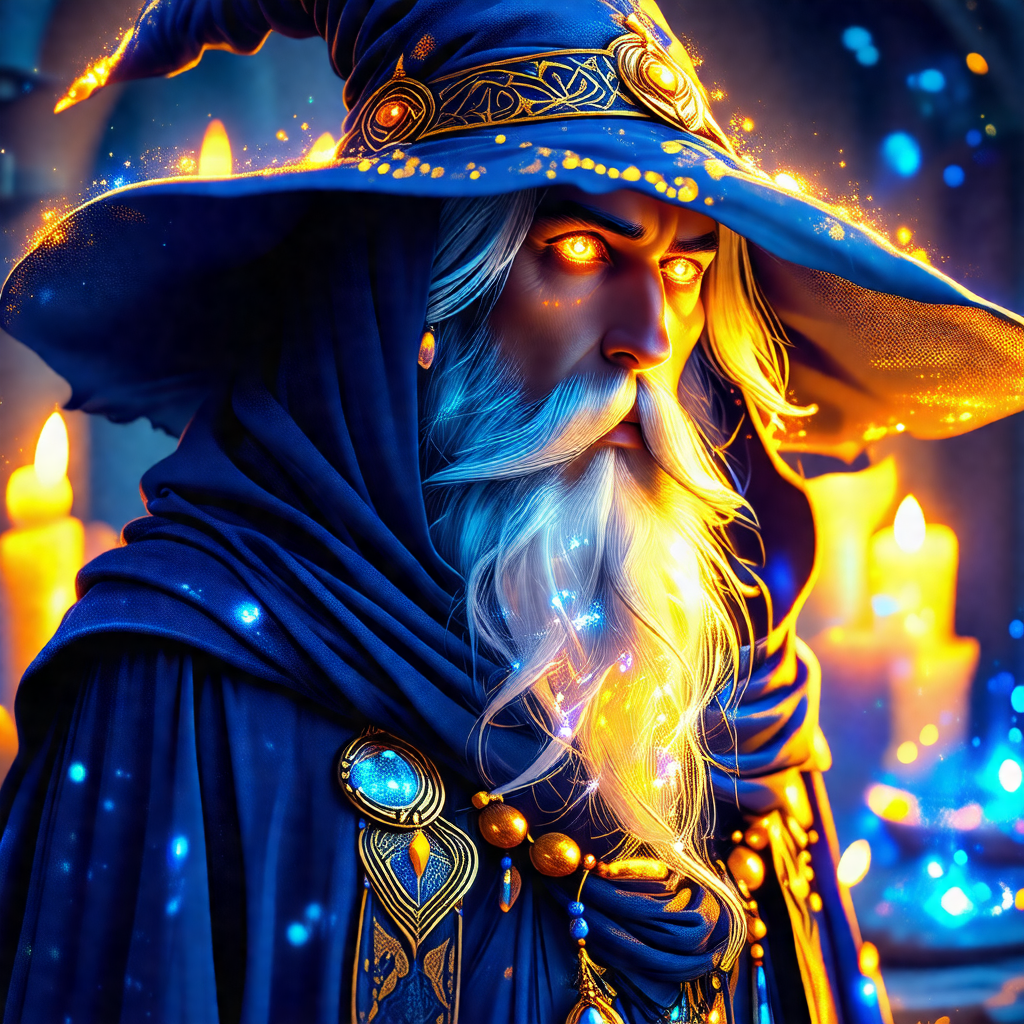 Man wearing a blue robe and a pointy hat, possibly a wiza...