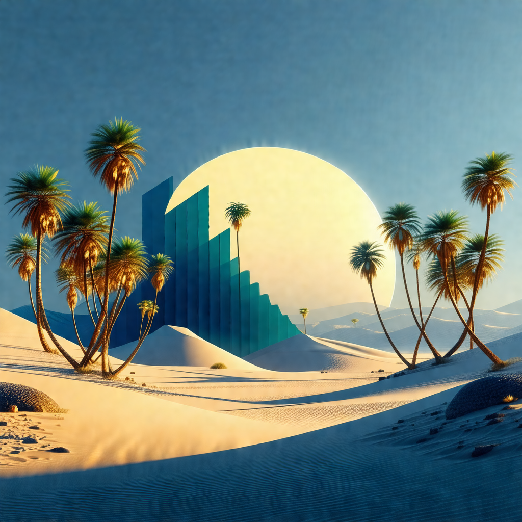 Digital painting of a desert scene with a large building ...