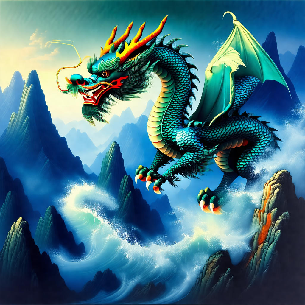 Large, colorful dragon flying over a body of water