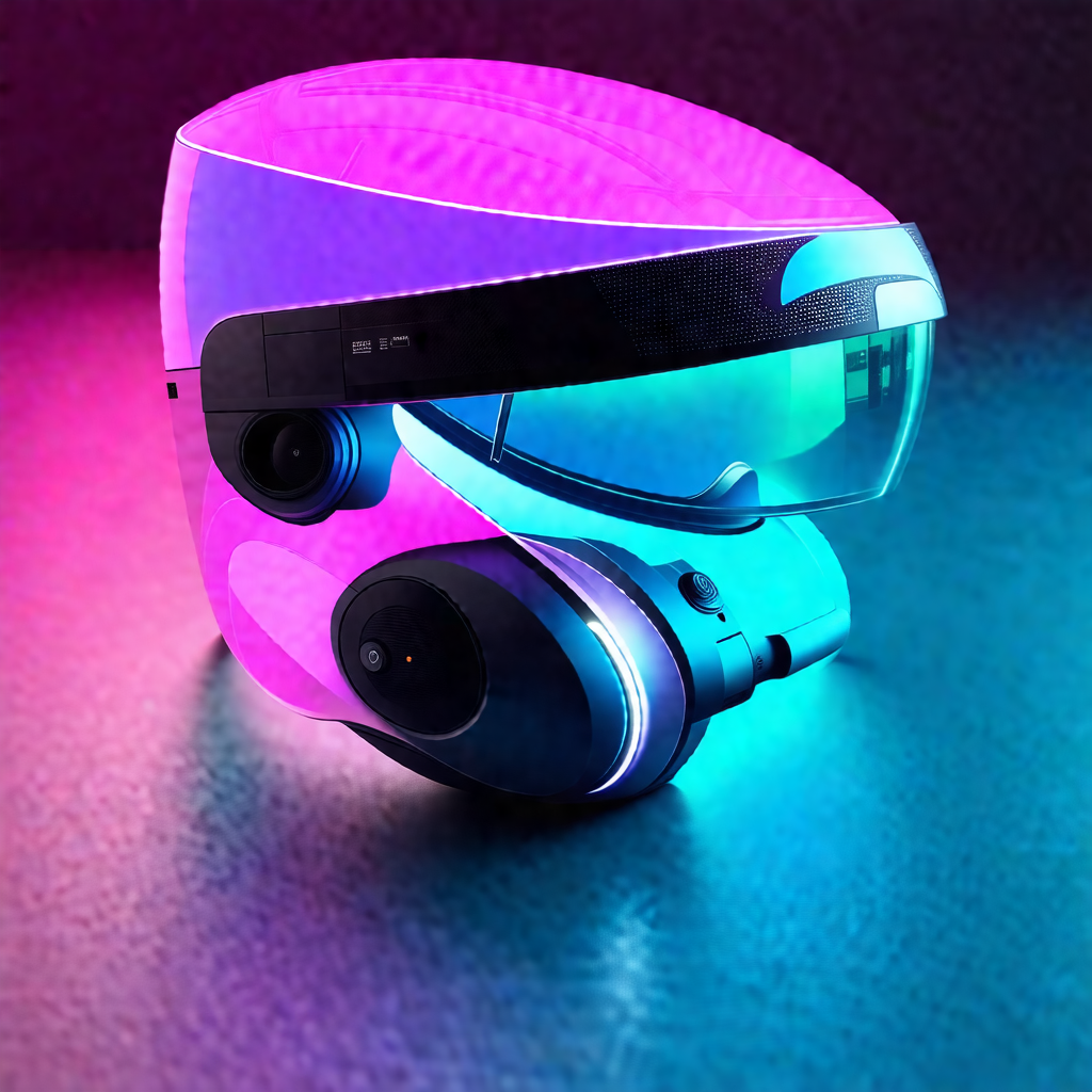 Pair of futuristic-looking headphones, with a pink and bl...