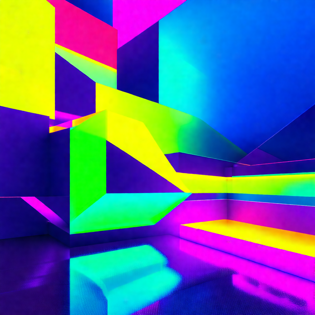 Colorful, abstract art piece featuring a staircase with a...