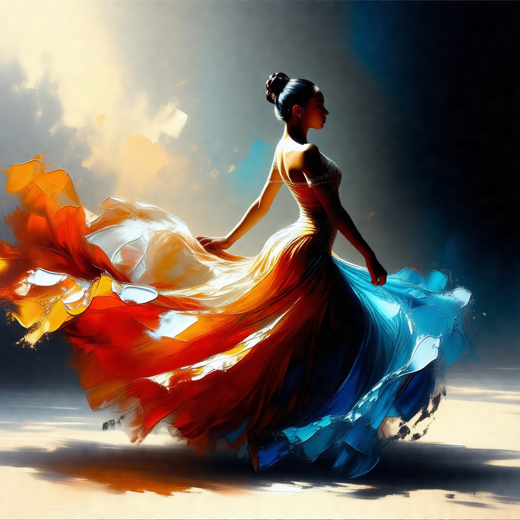 Painting of a woman in a flowing dress, standing in a roo...