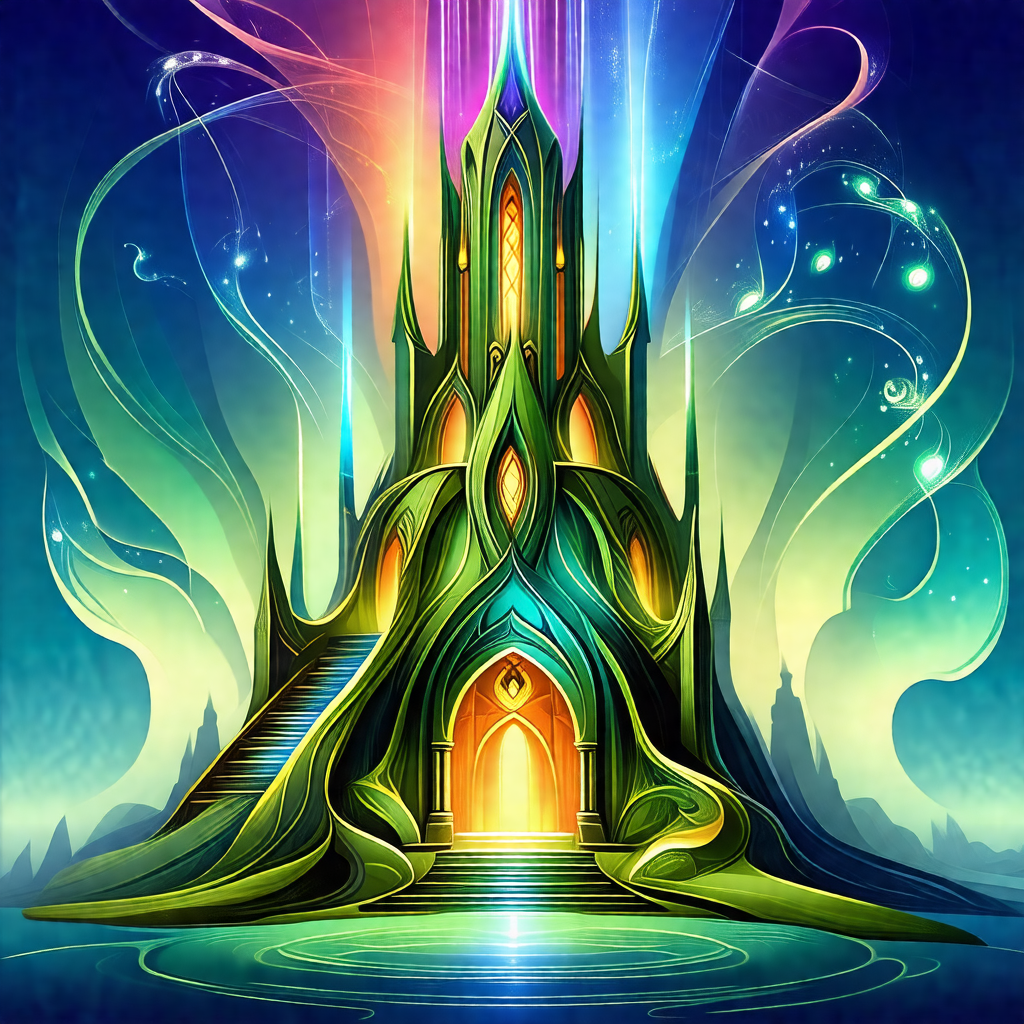 Large, colorful castle with a green and blue color scheme