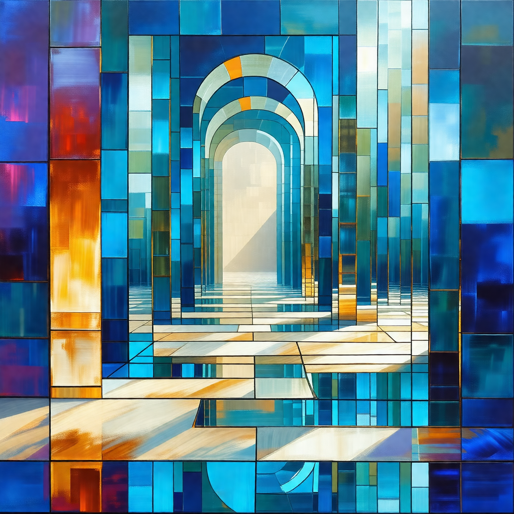 Painting of a hallway with a blue and white color scheme