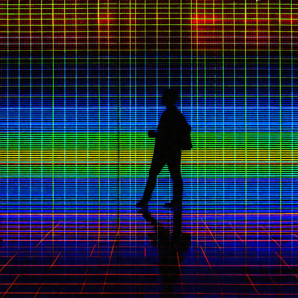 Man walking through a large, colorful room with a checker...