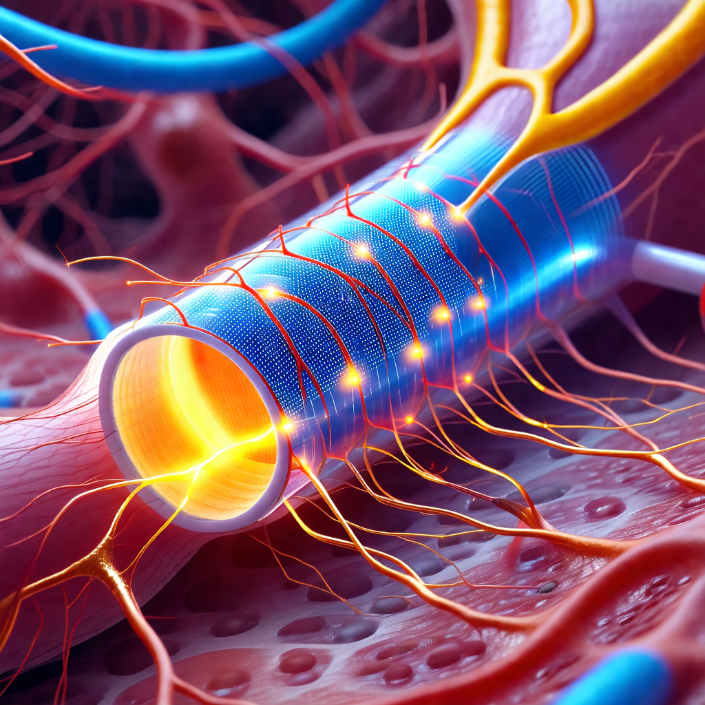 Close-up of a blood vessel, likely an artery, with a blue...