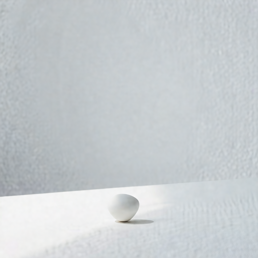 White table with a small white egg sitting on top of it