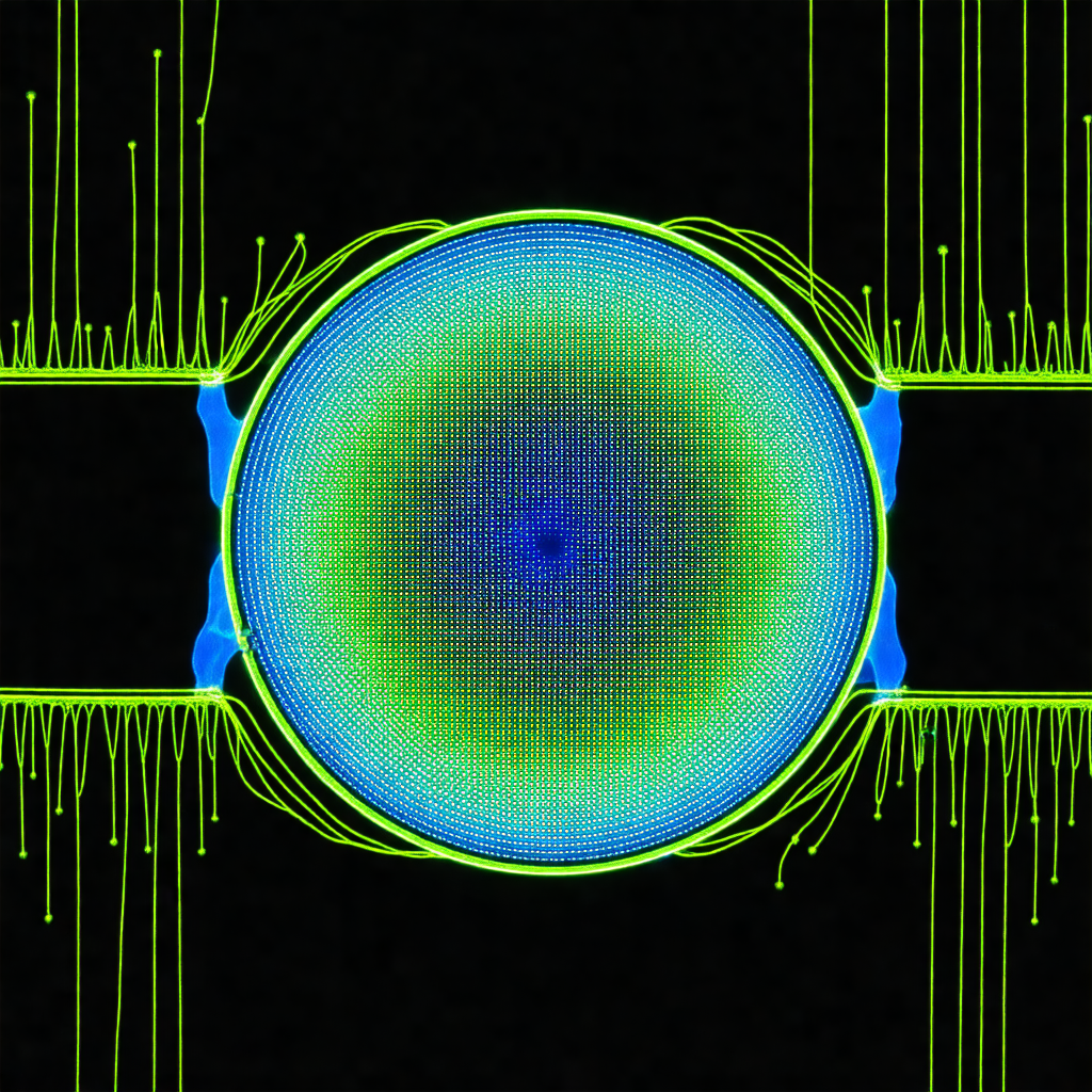 Large, bright green circle in the center of the frame
