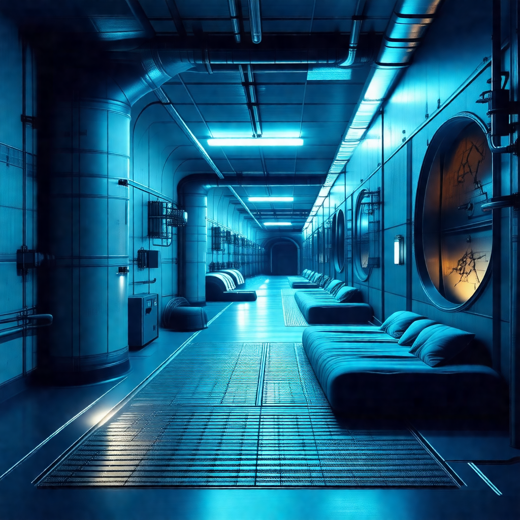 Blue-toned, futuristic-looking room with a long hallway