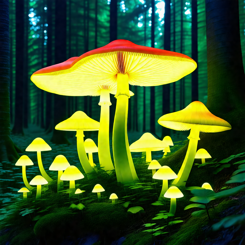Forest with a large, brightly lit mushroom in the center