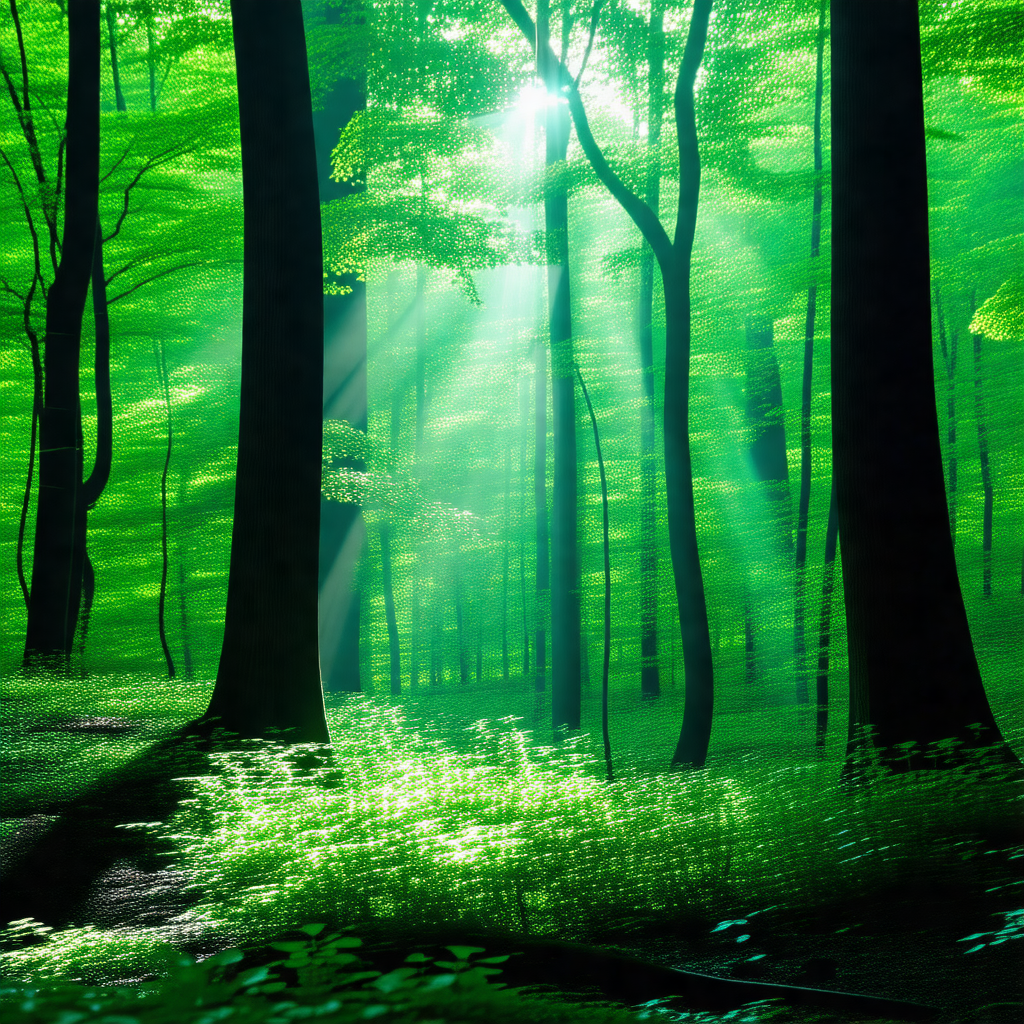 Lush green forest filled with trees and sunlight