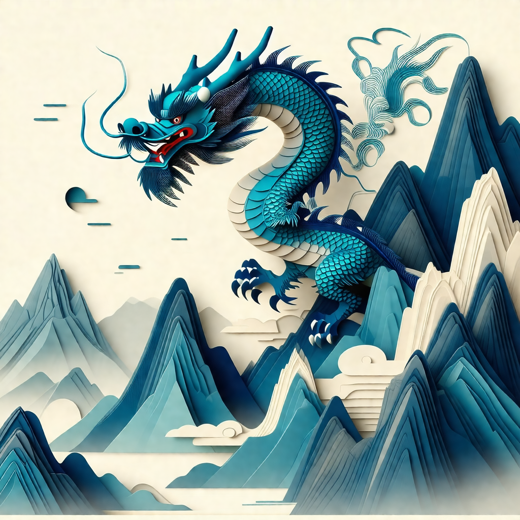 Large, colorful dragon with a long, curled tail, standing...