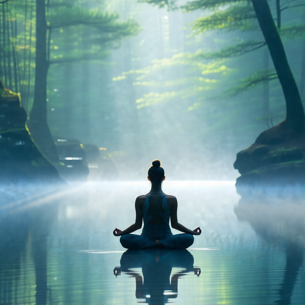 Woman sitting in a body of water, possibly a lake or a ri...