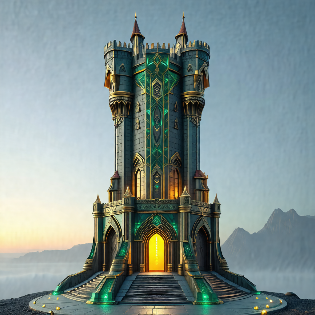 Large, intricately designed castle with a green and gold ...