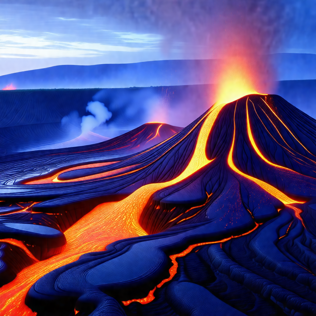 Large, red volcano with a flowing lava stream