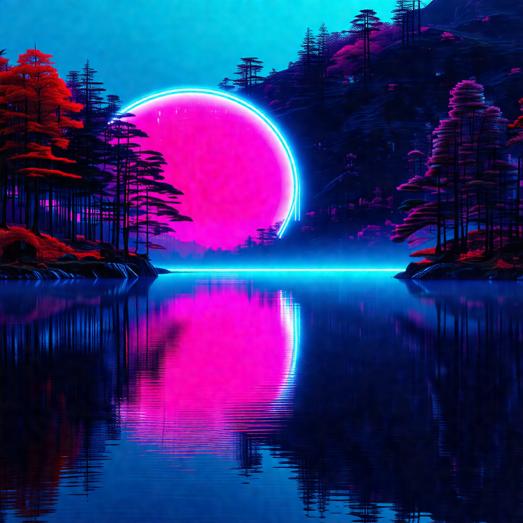 Serene scene of a pink moon rising over a body of water, ...