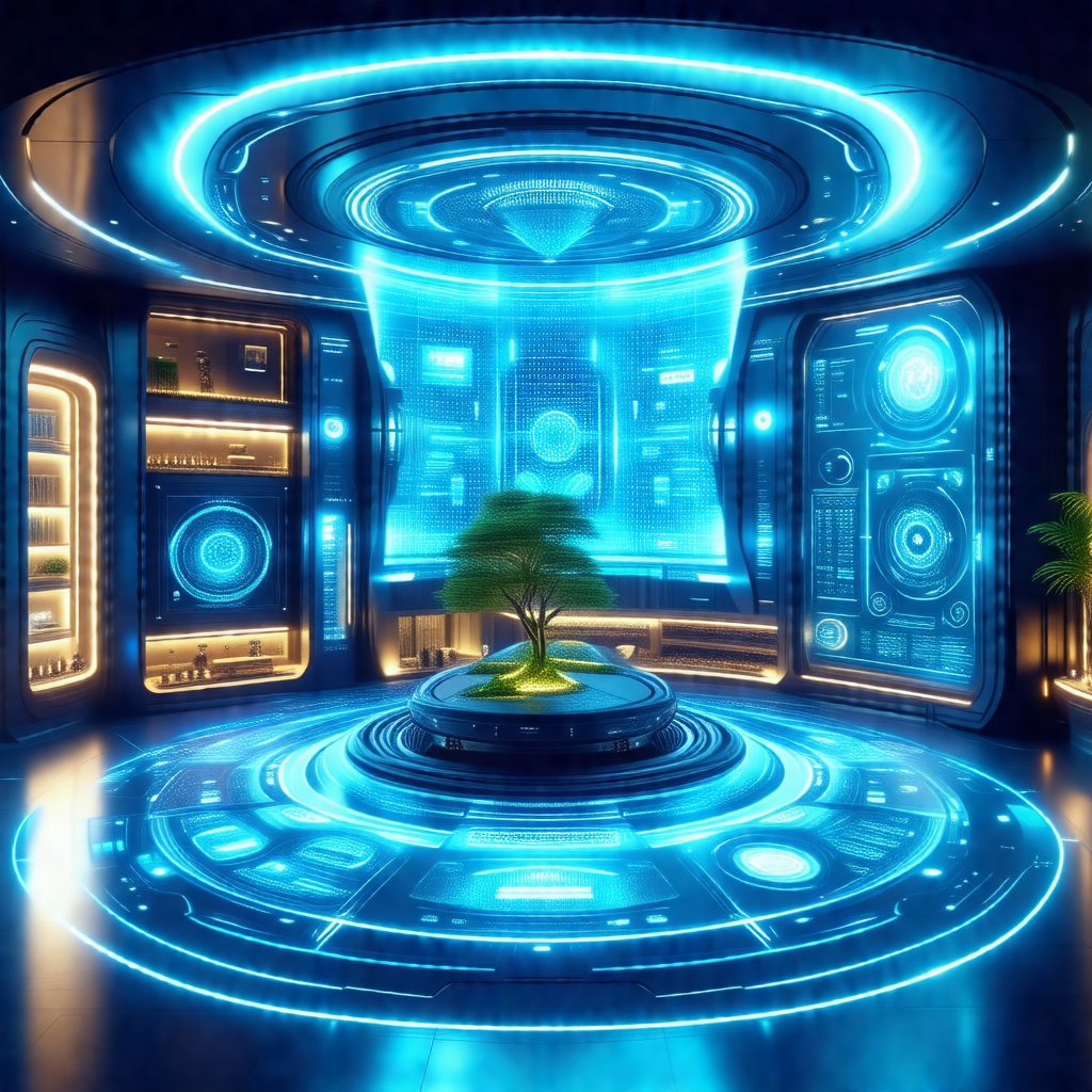 Futuristic room with a large blue tree in the center