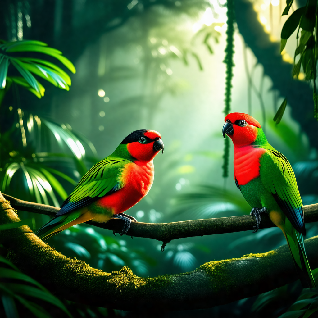 Two colorful birds perched on a tree branch
