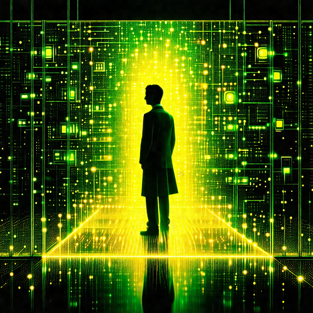 Man standing in a room with a green, glowing background