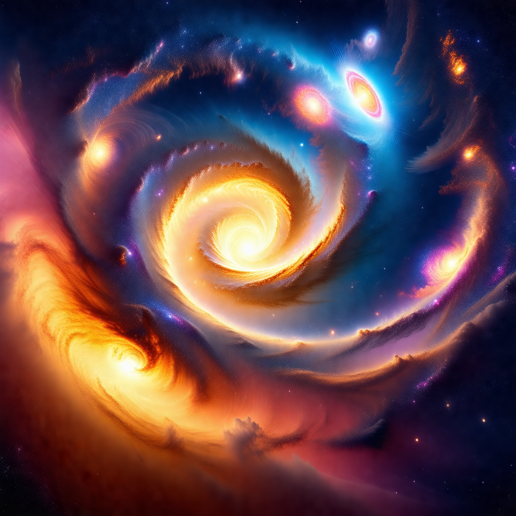 Colorful and detailed painting of a spiral galaxy