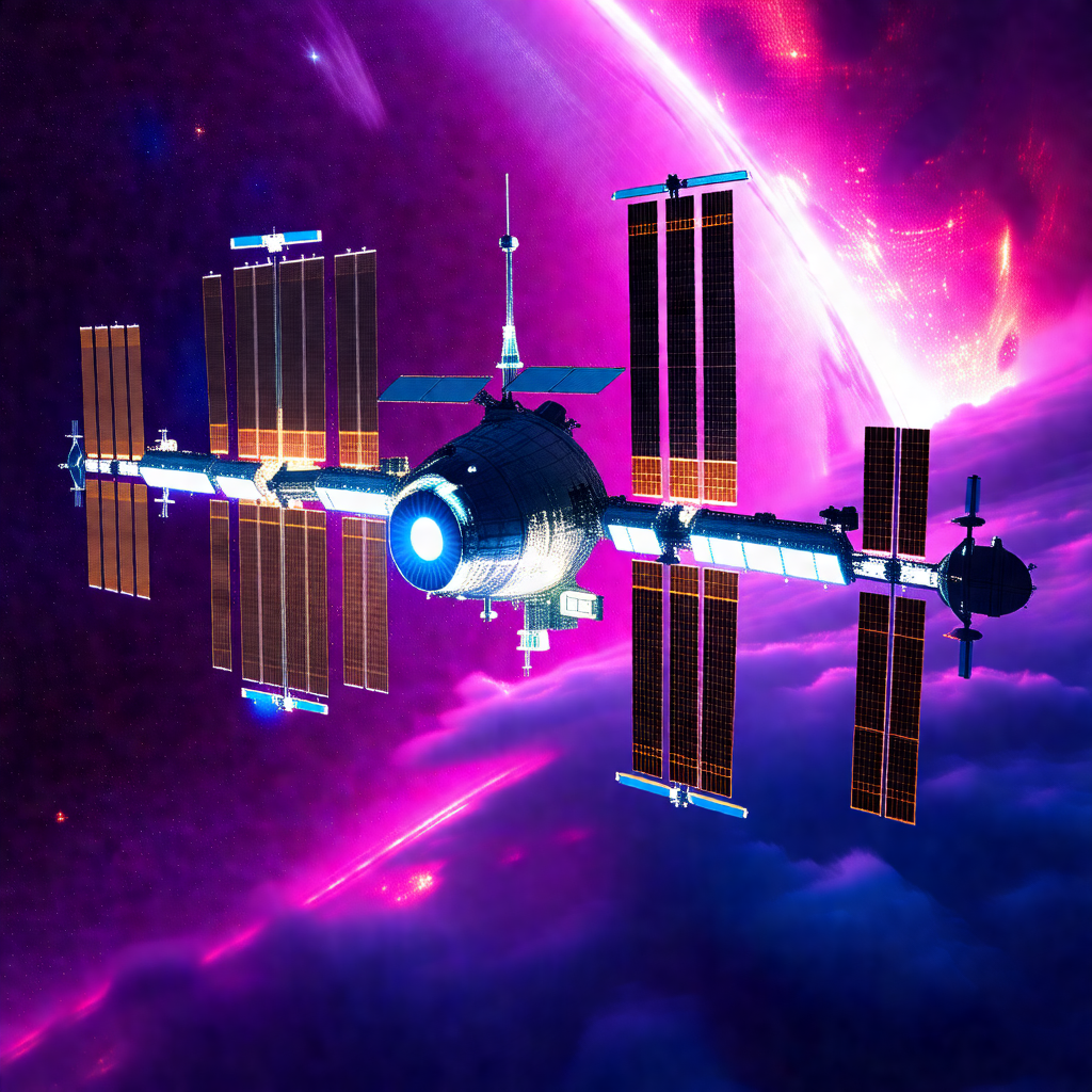 Space shuttle with a large number of solar panels on its ...