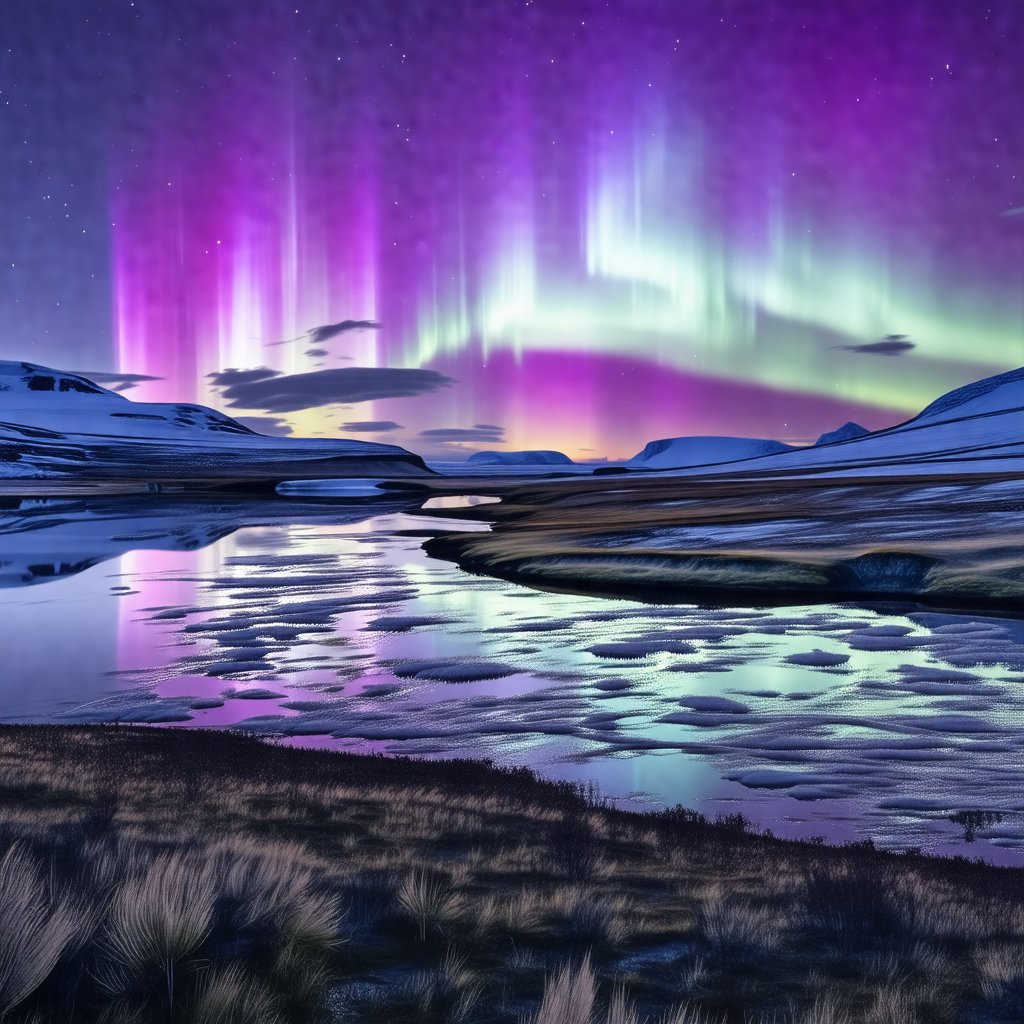 Captures a serene scene of a lake at night, with a purple...