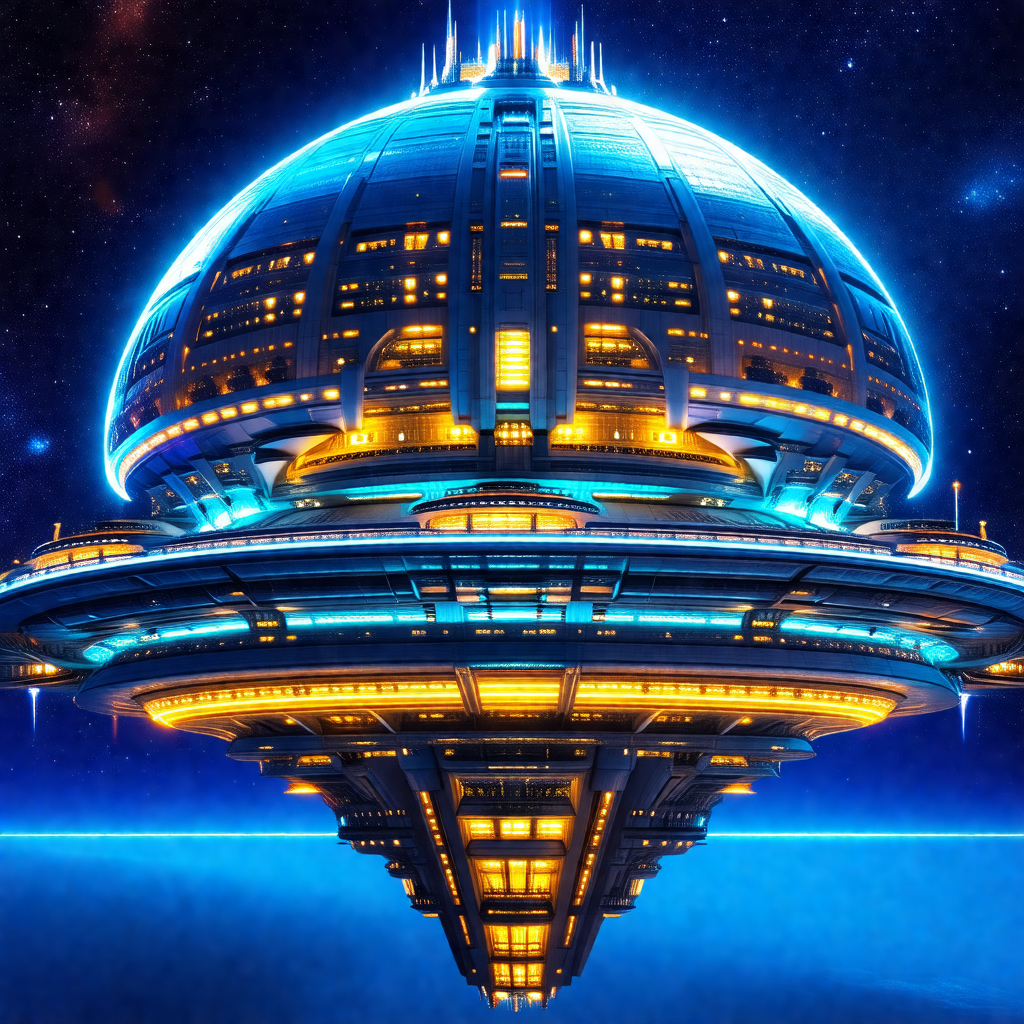 Futuristic space station with a large, blue dome on top