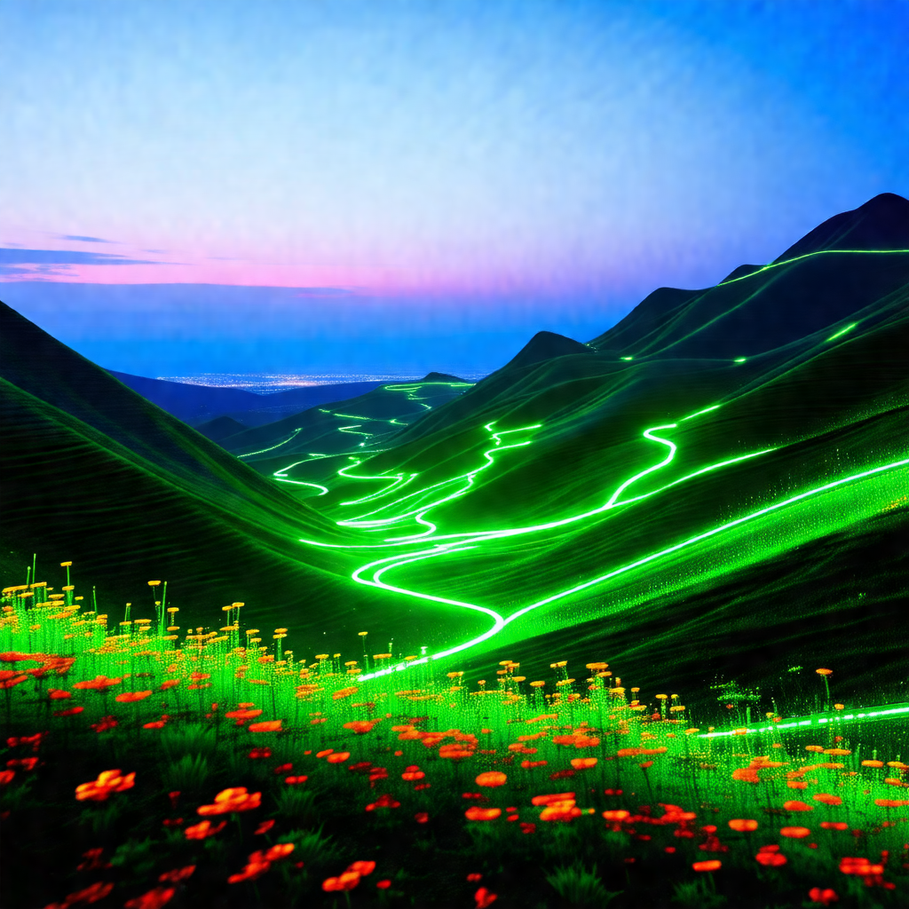 Beautiful mountain landscape with a green glowing pathway...