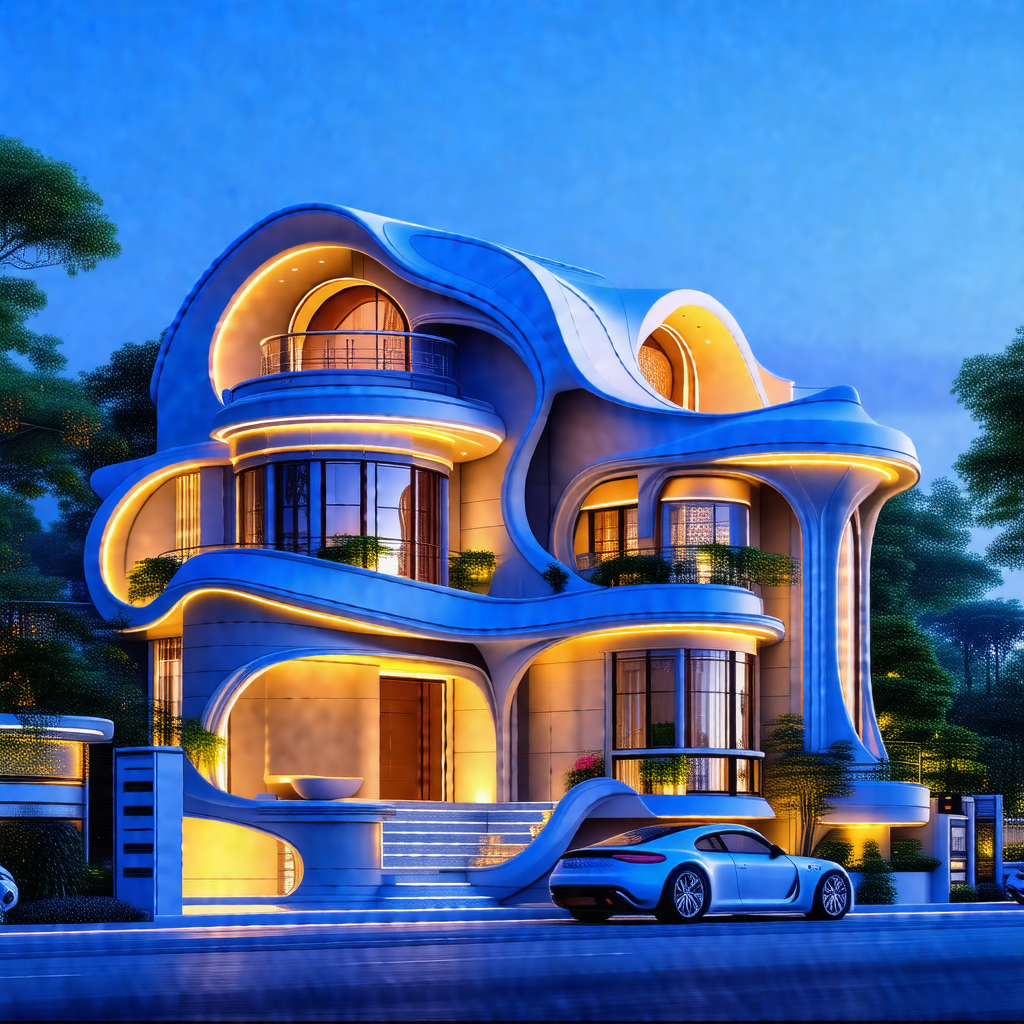 Large, modern-looking house with a unique, curved design