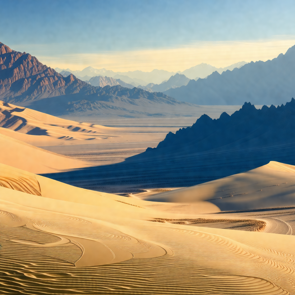 Vast desert landscape with a mountain range in the backgr...