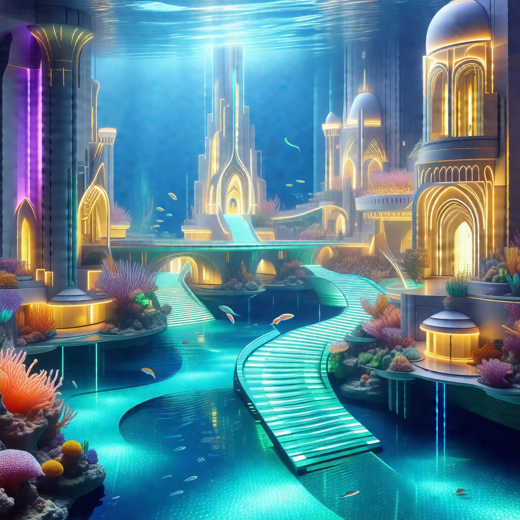 3d animated underwater scene featuring a large palace wit...