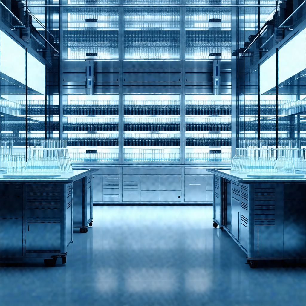 Large, well-lit laboratory with a blue-lit atmosphere