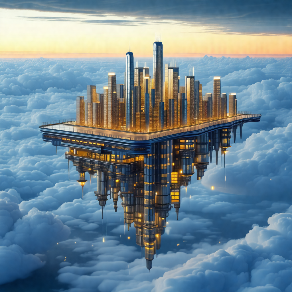 Futuristic city floating high in the sky, surrounded by c...