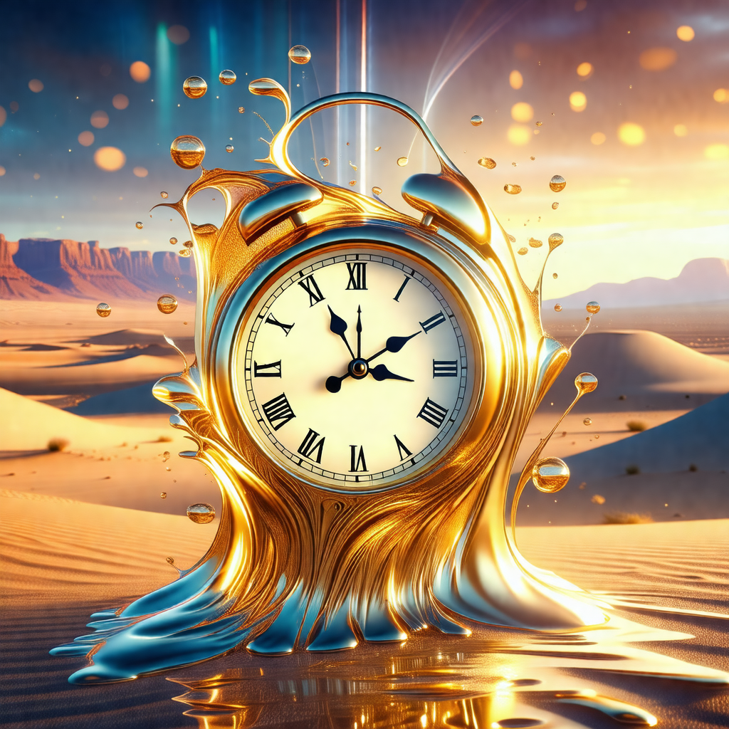 Large, golden clock with roman numerals, floating in a se...