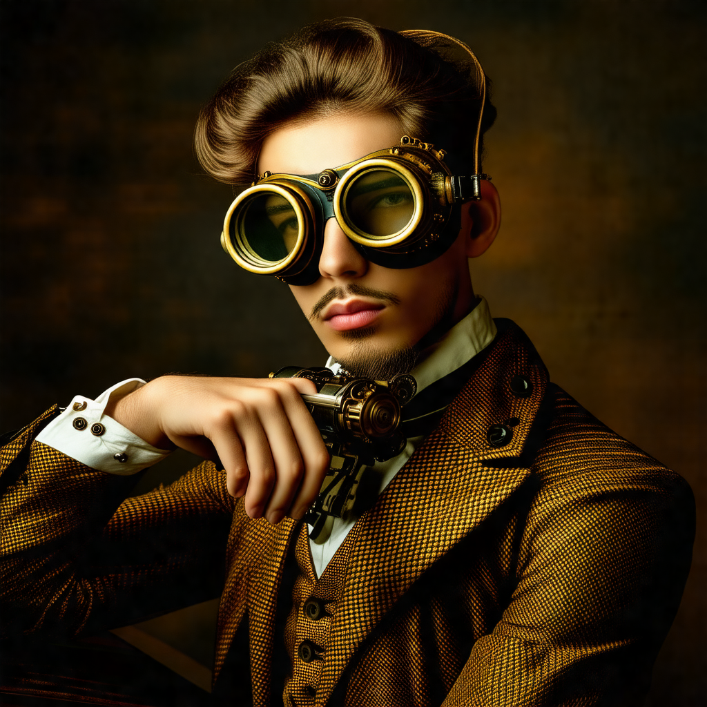 Man wearing a suit and tie, with a pair of goggles on his...