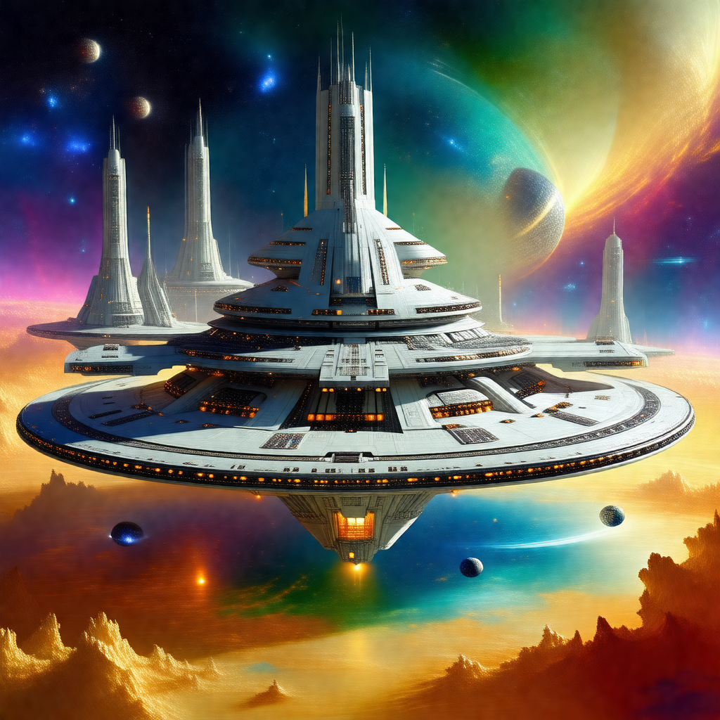 Futuristic painting of a large white space station with a...
