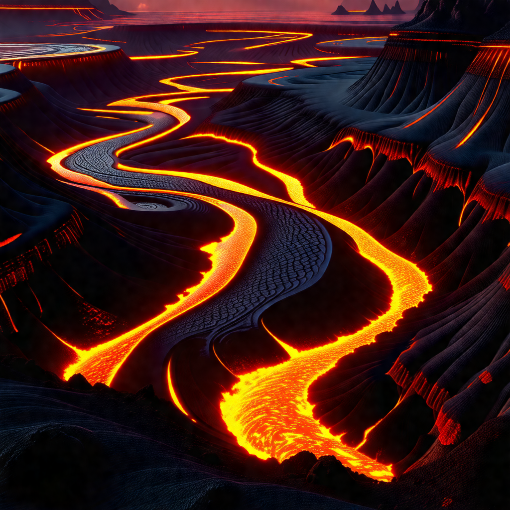 Red lava flow, likely from a volcano, as it flows down a ...
