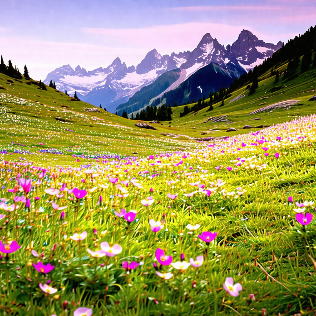 Beautiful mountain landscape with a lush green field and ...