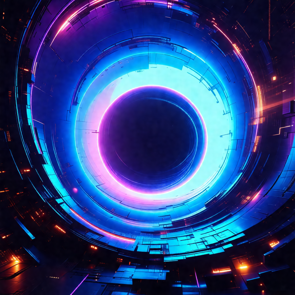 Futuristic, blue-lit room with a large, circular, blue-li...
