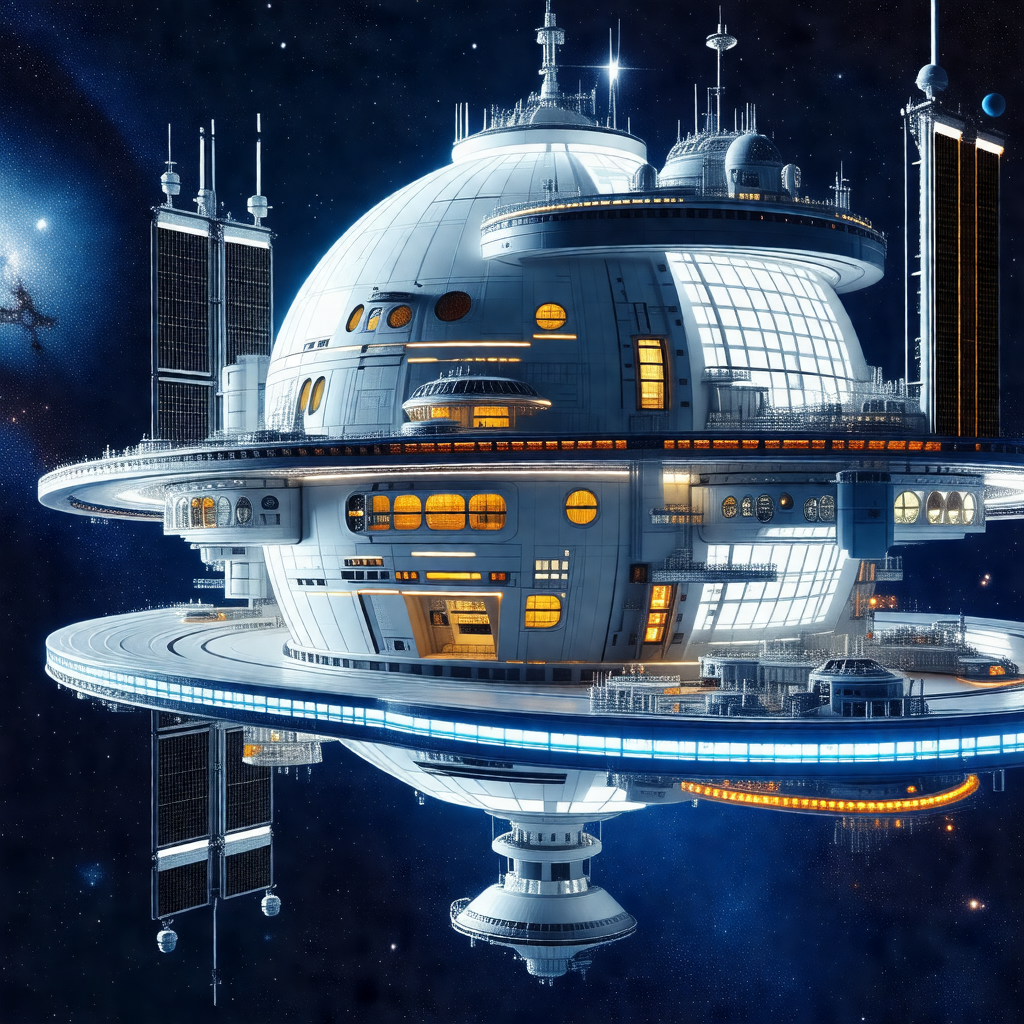 Futuristic space station with a large, round, blue struct...