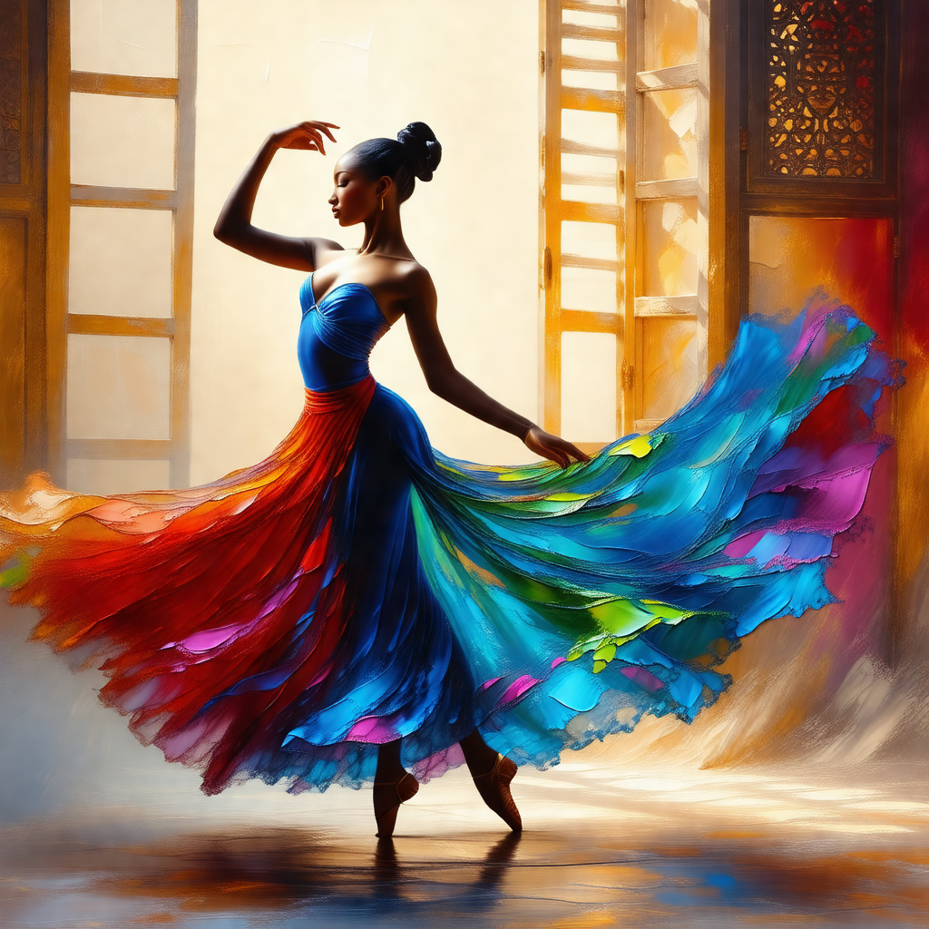 Woman in a blue dress, standing in a room and dancing