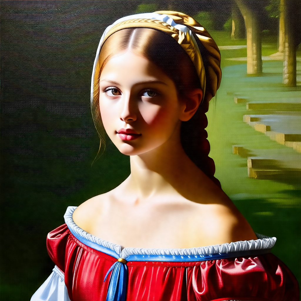 Beautiful young woman wearing a red dress, with a blue ri...