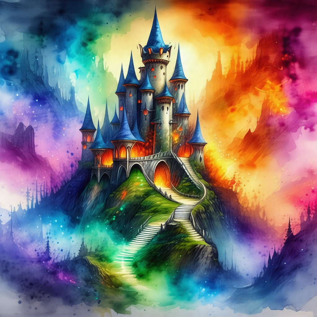 Colorful painting of a castle, with a rainbow-colored sky...