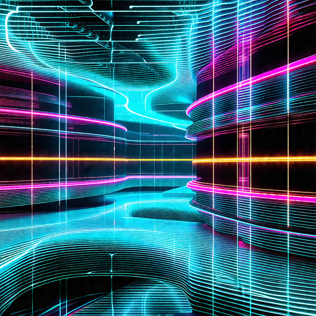 Futuristic, neon-colored scene with a large, curved struc...