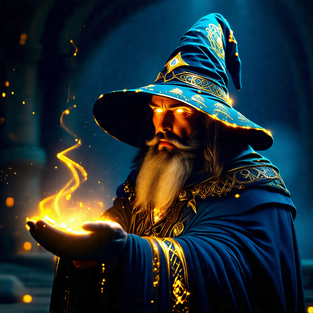 Man dressed in a wizard's outfit, complete with a blue ha...